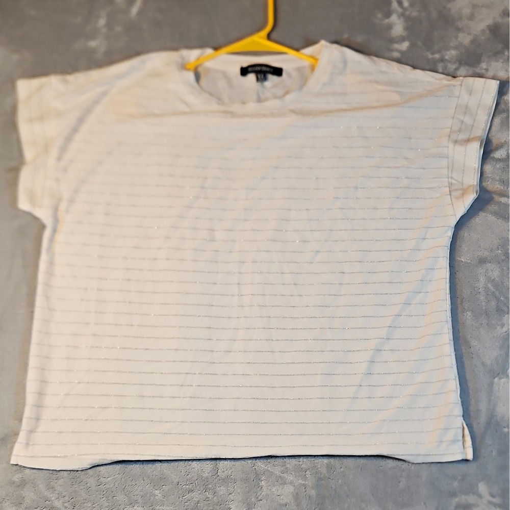 Ellen Tracy Women's XL White/Silver Glitter Striped Knit Crew Neck T-Shirt